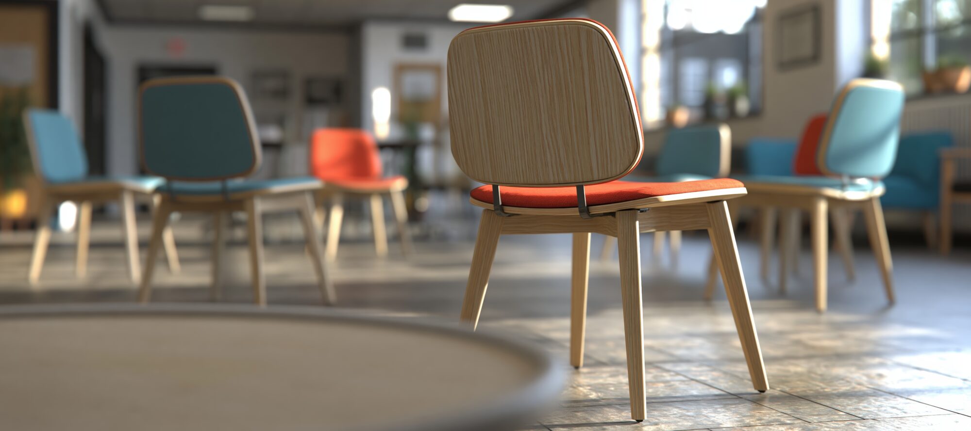 Empty modern chairs in a sunlit room