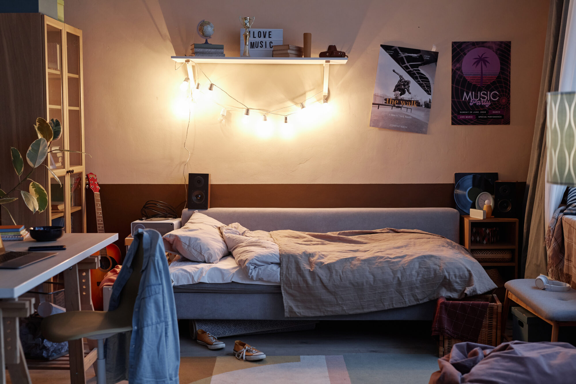 Cozy bedroom with warm lighting and decor.